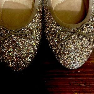 Sequin Gold (flats) ballet shoes with bow. Never worn.